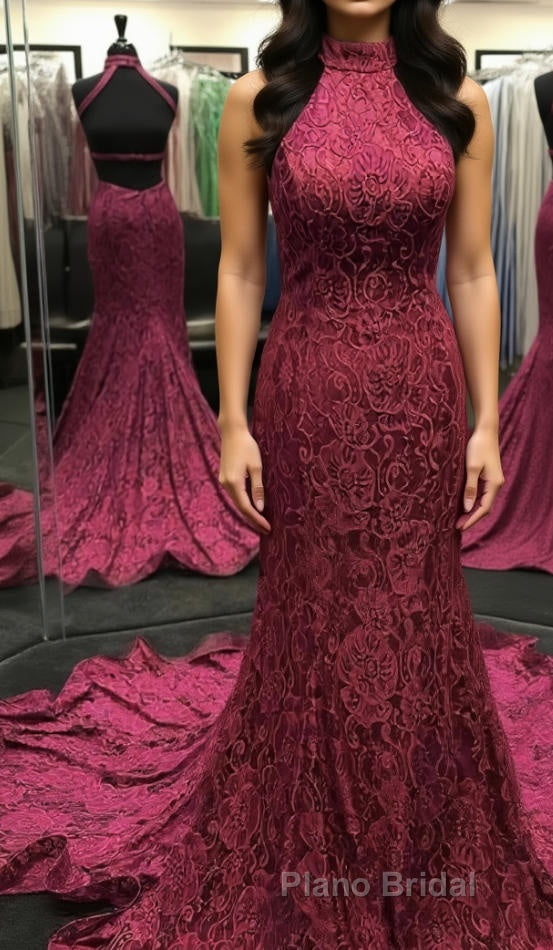 High Neck Backless Burgundy Lace long Formal Prom Dress, Long Burgundy Lace Formal Evening Dress, Burgundy Ball Gown Main image