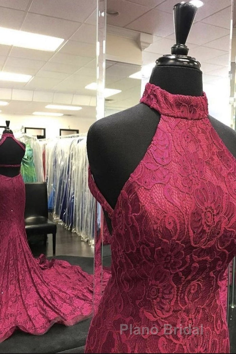 High Neck Backless Burgundy Lace long Formal Prom Dress, Long Burgundy Lace Formal Evening Dress, Burgundy Ball Gown Secondary image