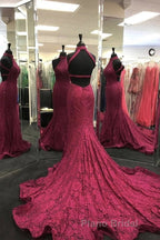 High Neck Backless Burgundy Lace long Formal Prom Dress, Long Burgundy Lace Formal Evening Dress, Burgundy Ball Gown