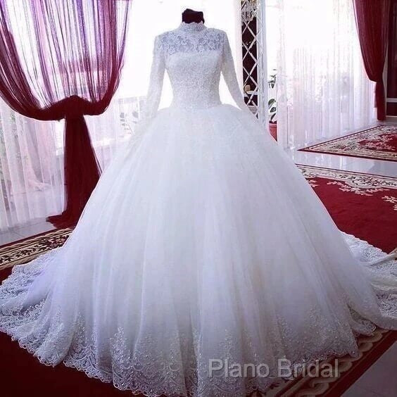 High Neck Ball Gown Muslim Wedding Dresses Lace Applique Long Sleeves Bridal Wear Secondary image