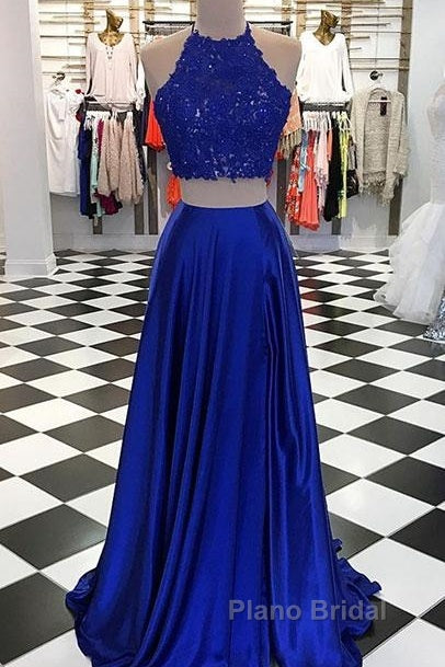 High Neck Blue Two Pieces Long Formal Prom Dresses