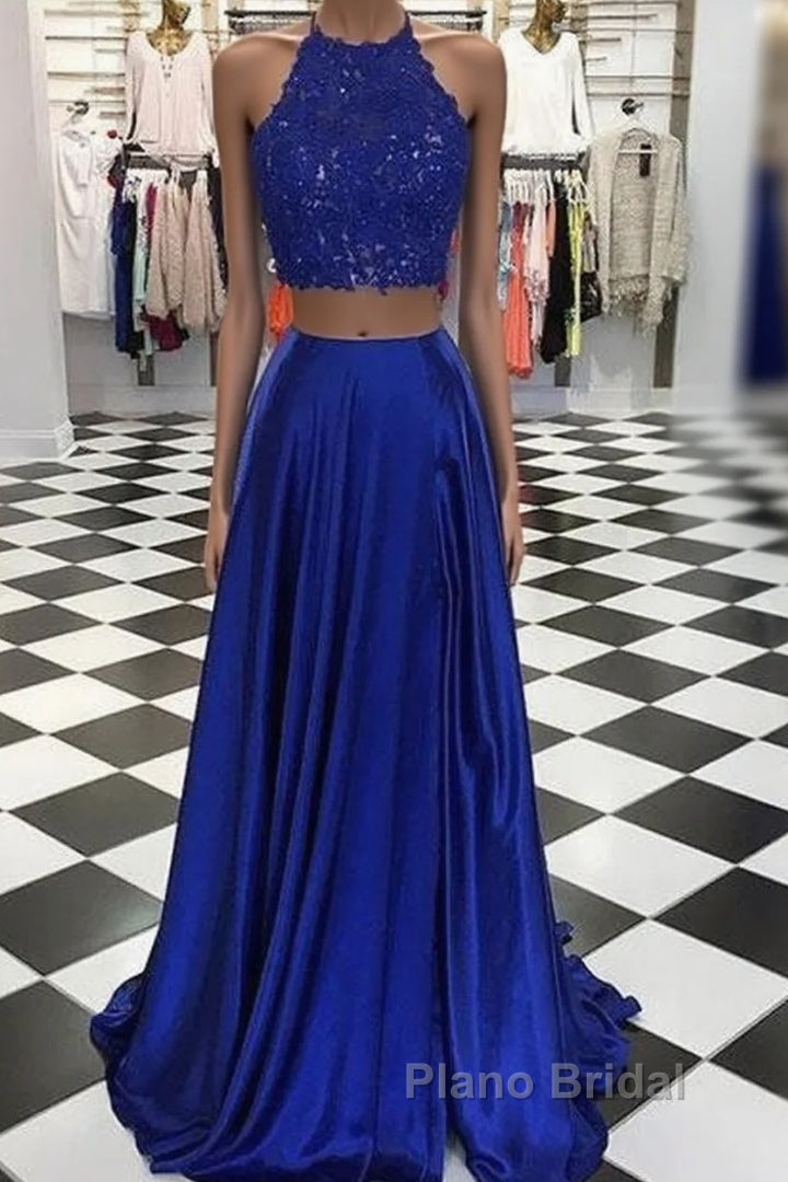 High Neck Blue Two Pieces Long Formal Prom Dresses Main image