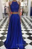 High Neck Blue Two Pieces Long Formal Prom Dresses