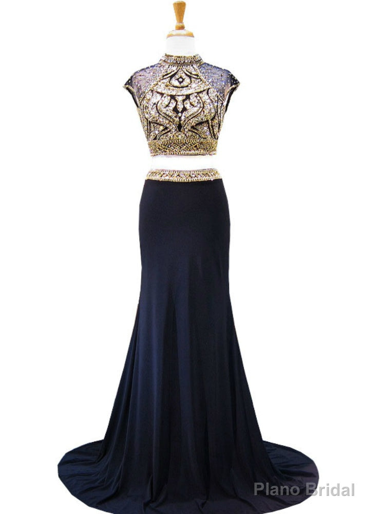 High Neck Cap Sleeve Beaded Crystals Backless Navy Blue Two Piece Main image