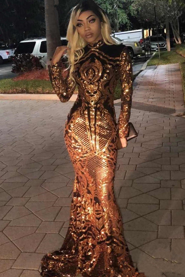 High Neck Golden Appliques Mermaid Long Sleevess Prom Dresses