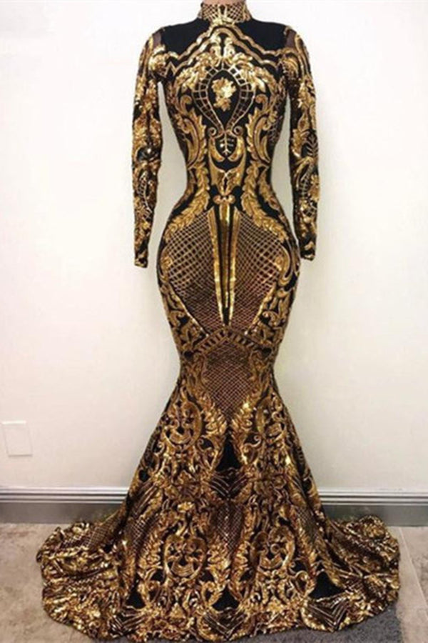 High Neck Golden Appliques Mermaid Long Sleevess Prom Dresses Main image