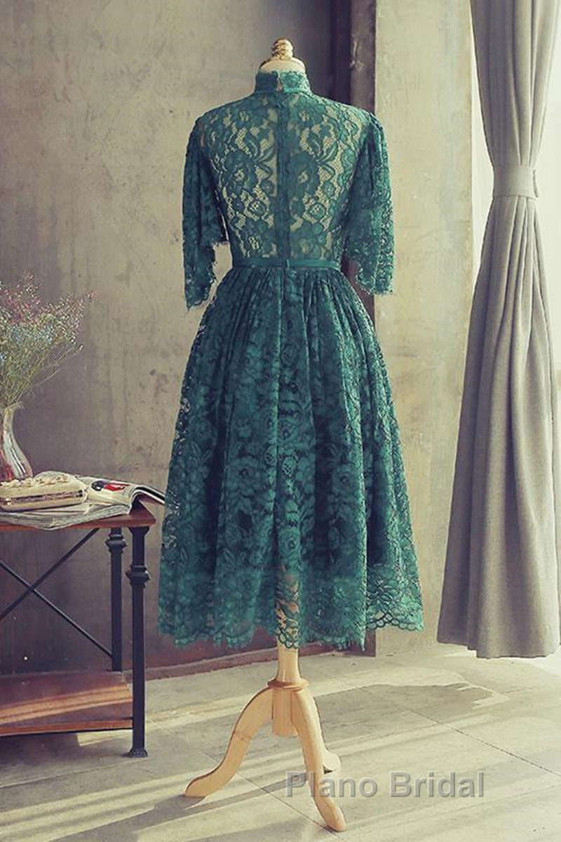 High Neck Half Sleeves Green Lace Formal Prom Dress, Green Lace Formal Graduation Homecoming Dress