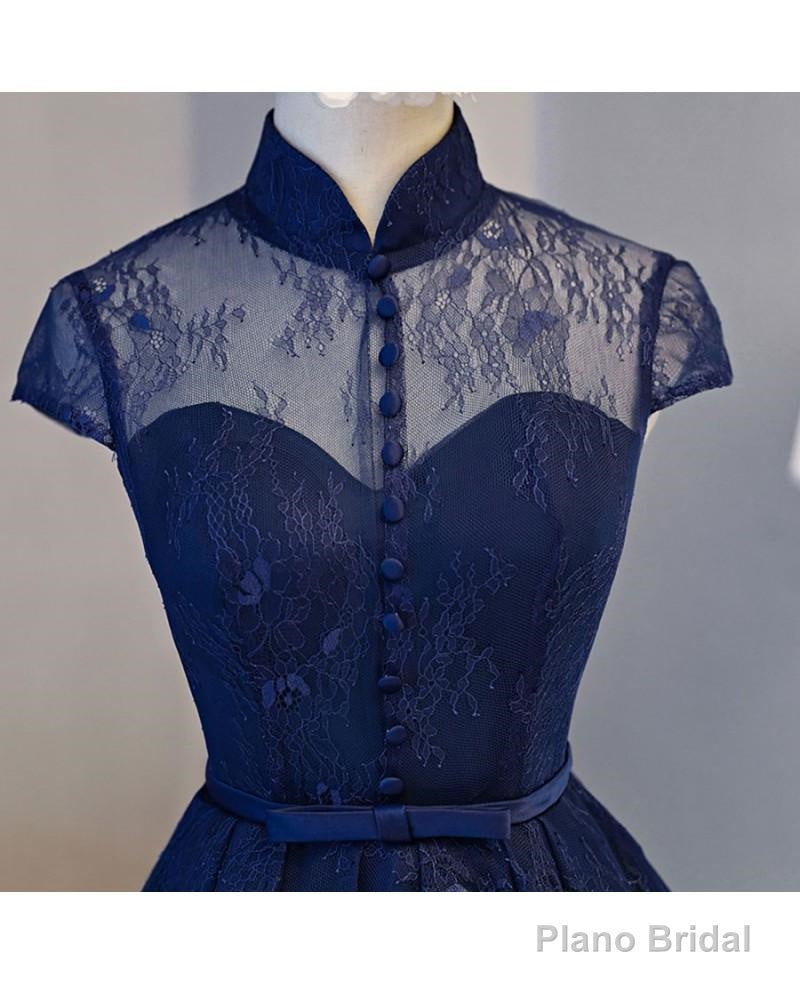 High Neck Homecoming Dress, Lace Dark Navy Lace-up Short Prom Dress