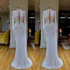 High Neck Keyhole Long Sleeve Sequin White Formal Prom Dresses