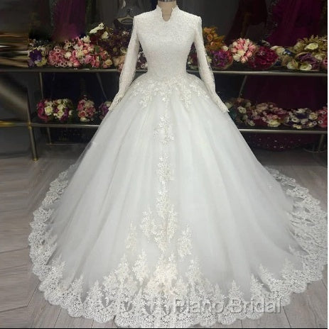 High Neck Lace Long Sleeves Muslim Wedding Dresses For Women Vestido De Noiva
