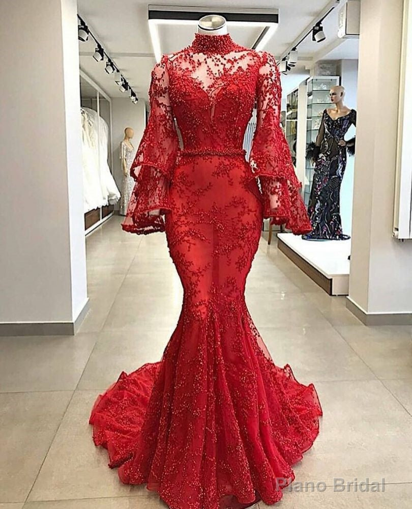 High Neck Long Sleevess Mermaid Beading Applique Chapel Train Prom Party Gowns Secondary image