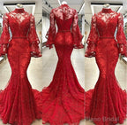 High Neck Long Sleevess Mermaid Beading Applique Chapel Train Prom Party Gowns