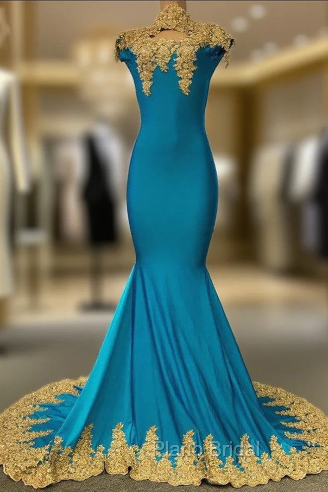 High Neck Mermaid Gold Lace Formal Prom Dresses with Chic Keyhole Main image