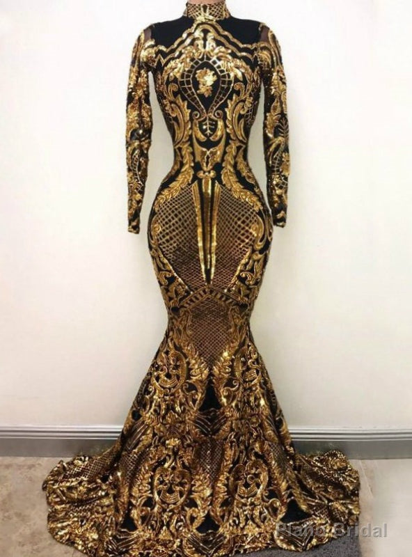 High Neck Mermaid Long Sleeve Gold Sequin Sparkly Prom Dress Main image
