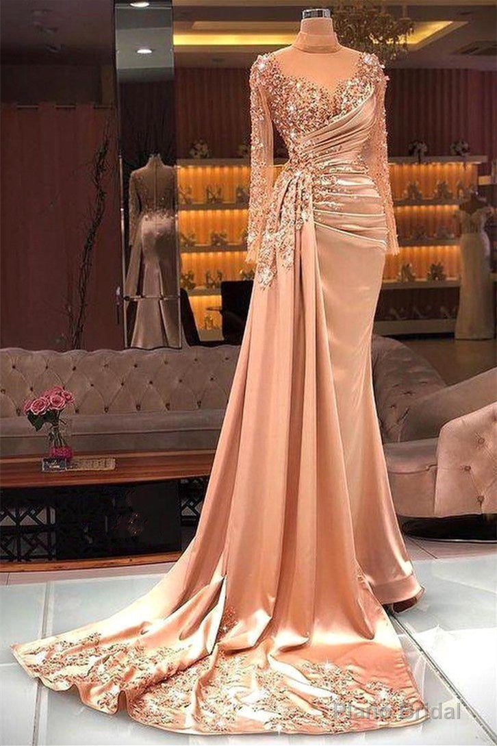 High Neck Mermaid Long Sleeves Lace Sequined Floor-length Long Sleeve With Side Train Prom Dress Main image