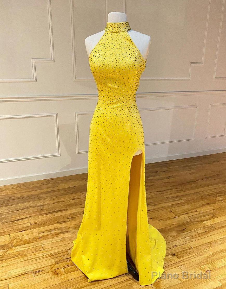 High Neck Mermaid Yellow Prom Dress with Split Main image