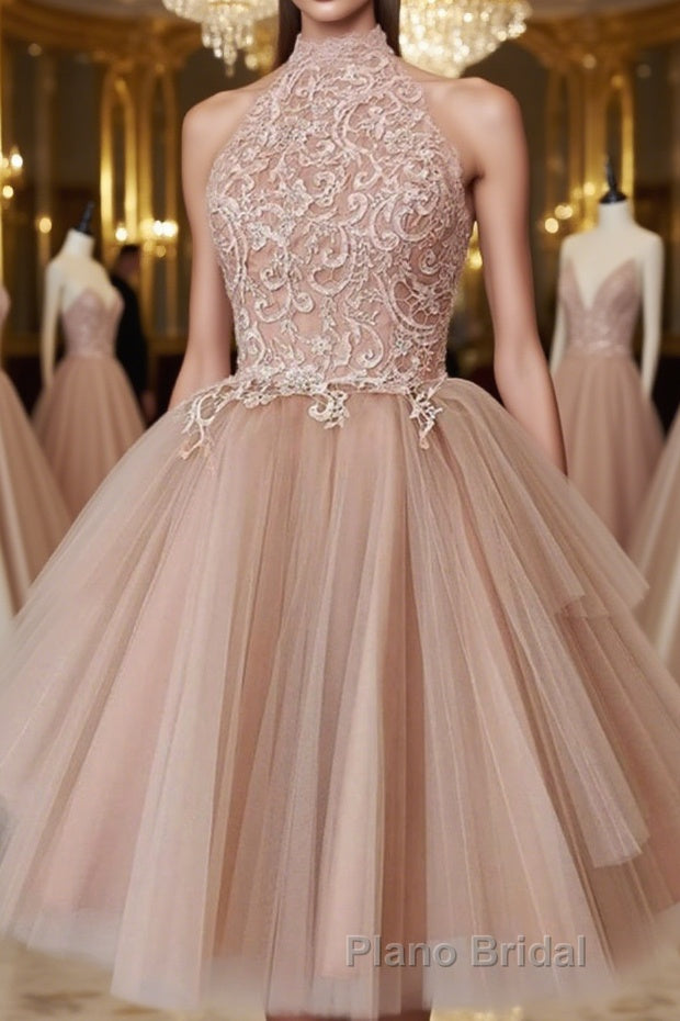 High Neck Open Back Short Champagne Lace Formal Prom Dress, Backless Champagne Lace Formal Graduation Dress, Champagne Lace Homecoming Dress Main image