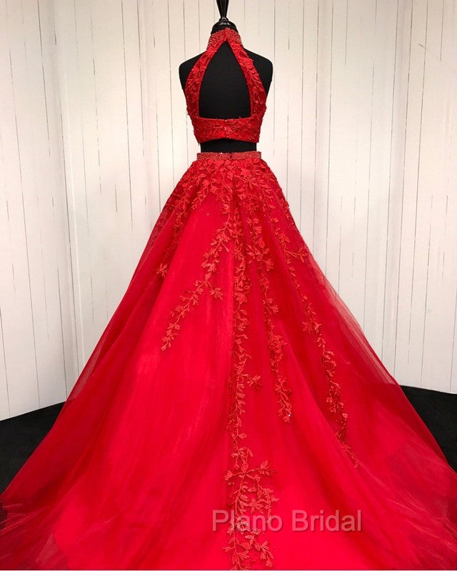High Neck Open Back Tulle Formal Prom Dresses Two Piece Quinceanera Dresses Ball Gowns