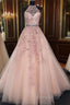 High Neck Pink Lace Formal Prom Dresses, Pink Lace Formal Graduation Dresses