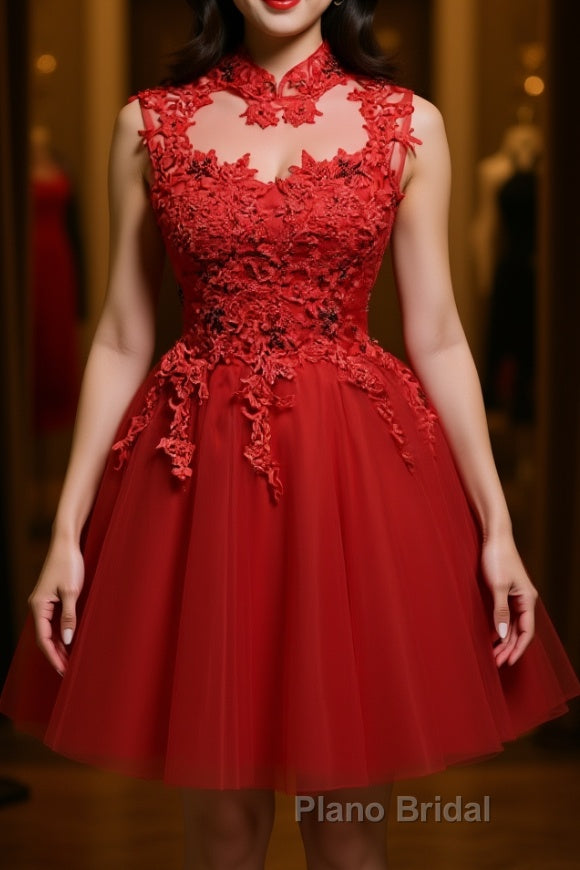 High Neck Red Lace Short Formal Prom Dress, Red Lace Homecoming Dress, Red Formal Graduation Evening Dress Main image