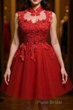 High Neck Red Lace Short Formal Prom Dress, Red Lace Homecoming Dress, Red Formal Graduation Evening Dress