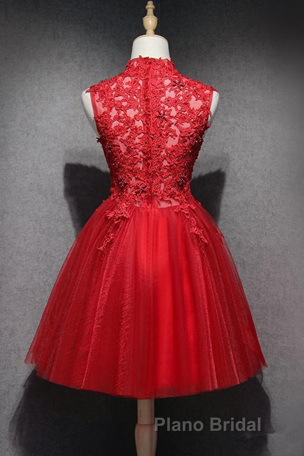 High Neck Red Lace Short Formal Prom Dress, Red Lace Homecoming Dress, Red Formal Graduation Evening Dress