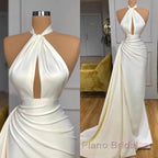 High Neck Satin Ivory Keyhole Ruched Formal Prom Dresses