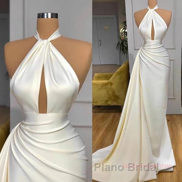 High Neck Satin Ivory Keyhole Ruched Formal Prom Dresses