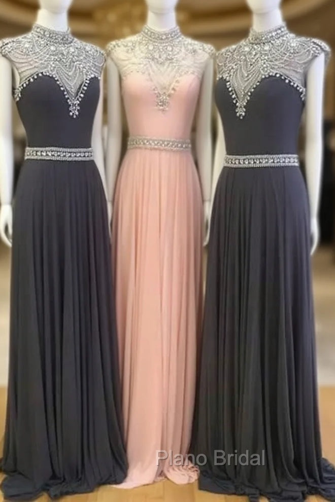 High Neck Sequin Bead Chiffon Long Formal Prom Dresses, Evening Dresses