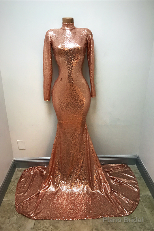 High-Neck Sequins Prom Party Gowns| Mermaid Long-Sleeve Evening Gowns Secondary image
