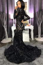 High Neck Shiny Appliques Black Girl Formal Prom Dresses | Mermaid Long Sleeve Formal Evening Gowns