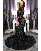 High Neck Shiny Appliques Black Girl Formal Prom Dresses | Mermaid Long Sleeve Formal Evening Gowns