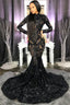 High Neck Shiny Appliques Black Girl Formal Prom Dresses | Mermaid Long Sleeve Formal Evening Gowns