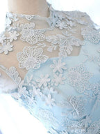 High Neck Short Blue Lace Prom Dresses, Short Blue Lace Graduation Homecoming Dresses