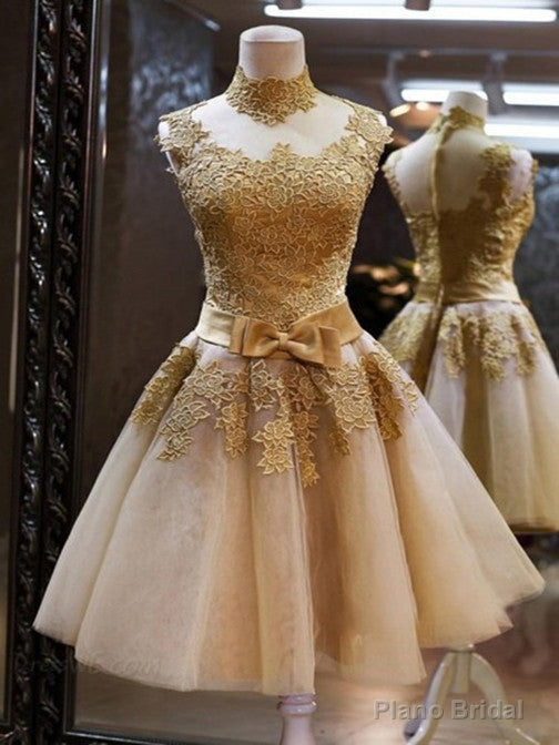 High Neck Short Golden Lace Prom Dresses, Short Graduation Dresses, Homecoming Dresses Main image