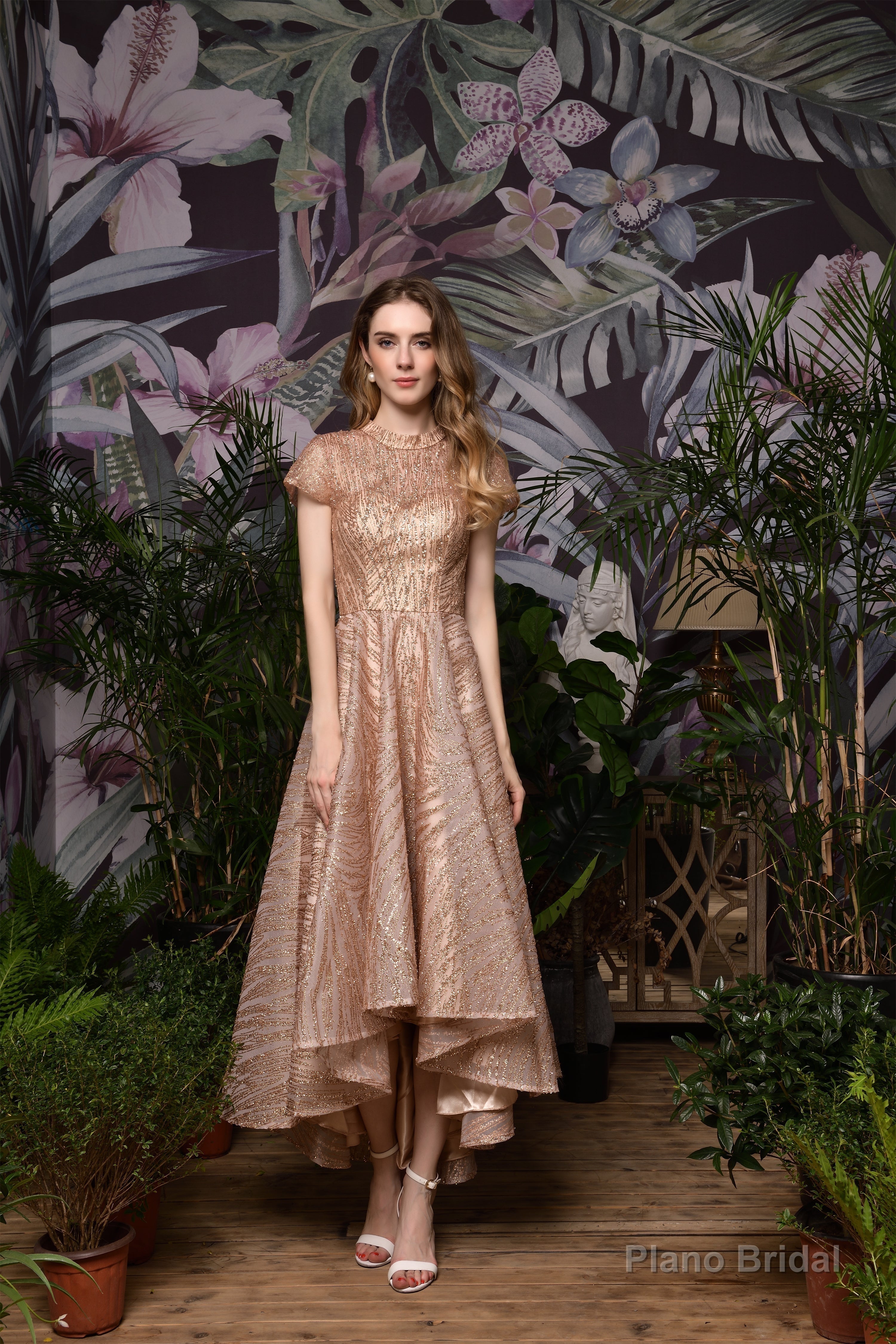 High neck Short Sleeve Champagne Sequined High Low Prom Dresses