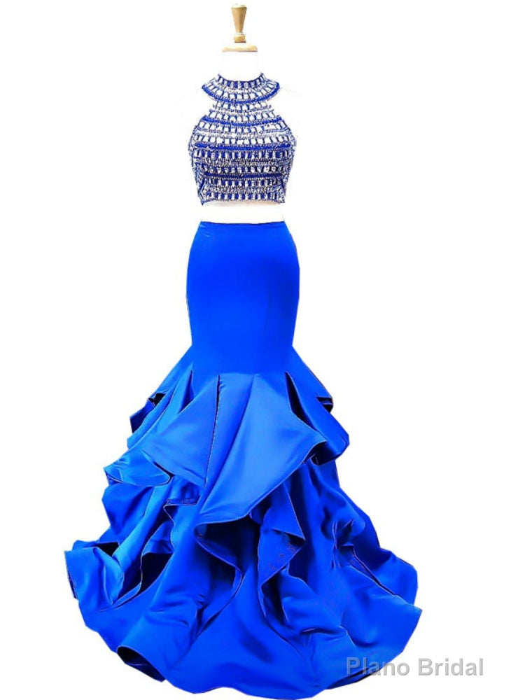 High Neck Sleeveless Beaded Crystals Royal Blue Mermaid Two Piece Prom Dresses Main image
