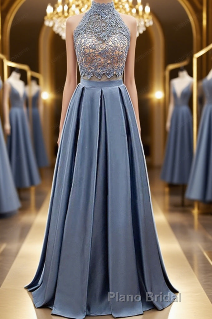 High Neck Two Pieces Blue Lace Long Formal Prom Dress, 2 Pieces Blue Lace Formal Dress, Blue Evening Dress Main image
