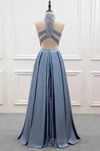 High Neck Two Pieces Blue Lace Long Formal Prom Dress, 2 Pieces Blue Lace Formal Dress, Blue Evening Dress