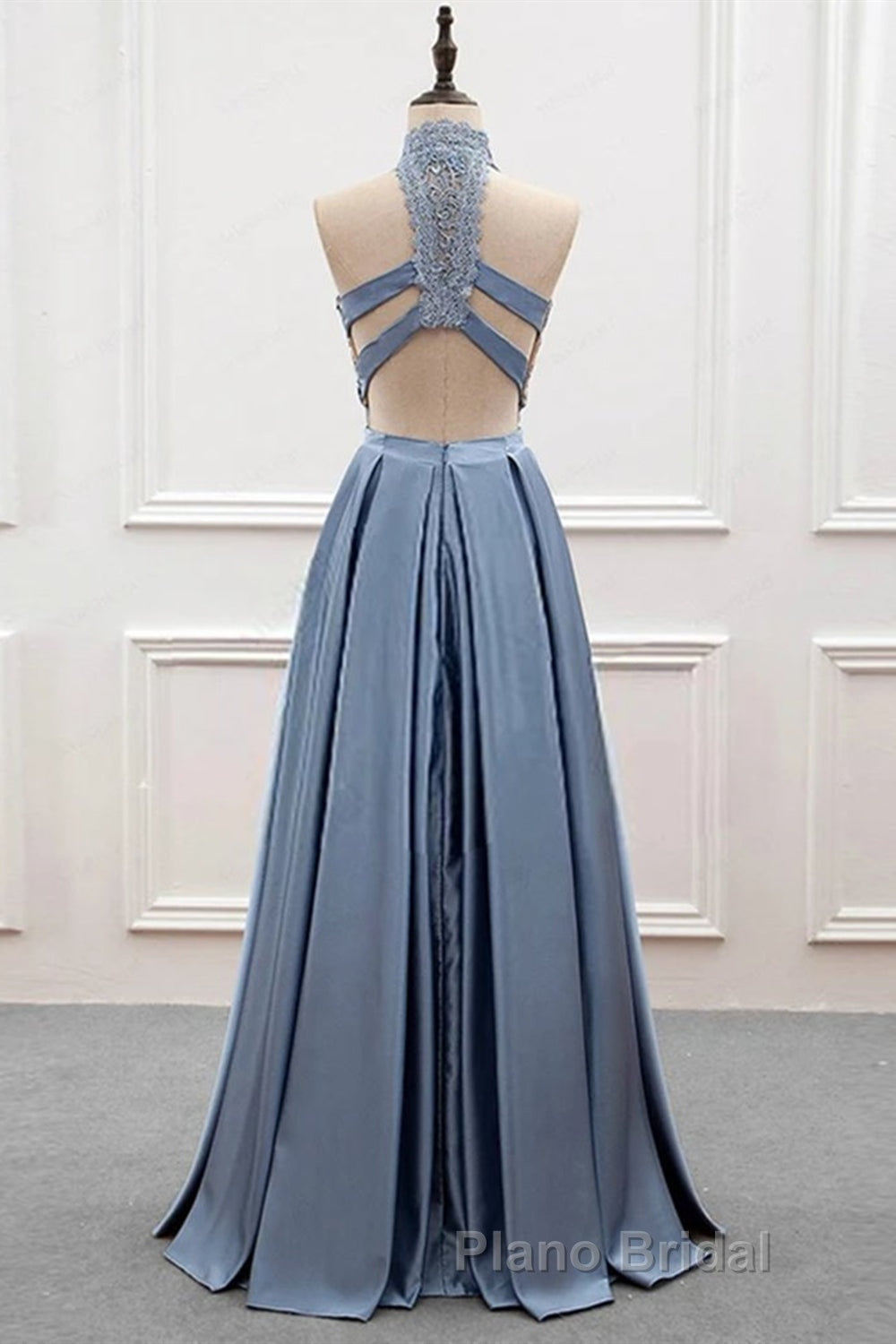 High Neck Two Pieces Blue Lace Long Formal Prom Dress, 2 Pieces Blue Lace Formal Dress, Blue Evening Dress