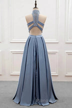 High Neck Two Pieces Blue Lace Long Formal Prom Dress, 2 Pieces Blue Lace Formal Dress, Blue Evening Dress