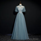 High Quality Beaded Short Sleeves Formal Dress, Tulle A-line Party Dress Prom Dress