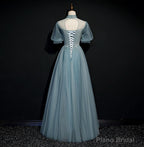 High Quality Beaded Short Sleeves Formal Dress, Tulle A-line Party Dress Prom Dress