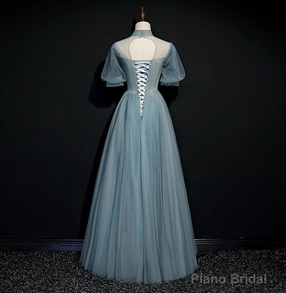 High Quality Beaded Short Sleeves Formal Dress, Tulle A-line Party Dress Prom Dress