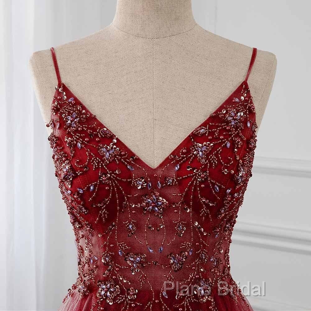 High Quality Burgundy Straps Beaded Long Party Dresses, Long Junior Formal Prom Dresses Secondary image