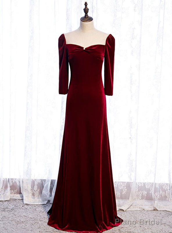 High quality Burgundy Velvet Long Sleeve Prom Dress Main image