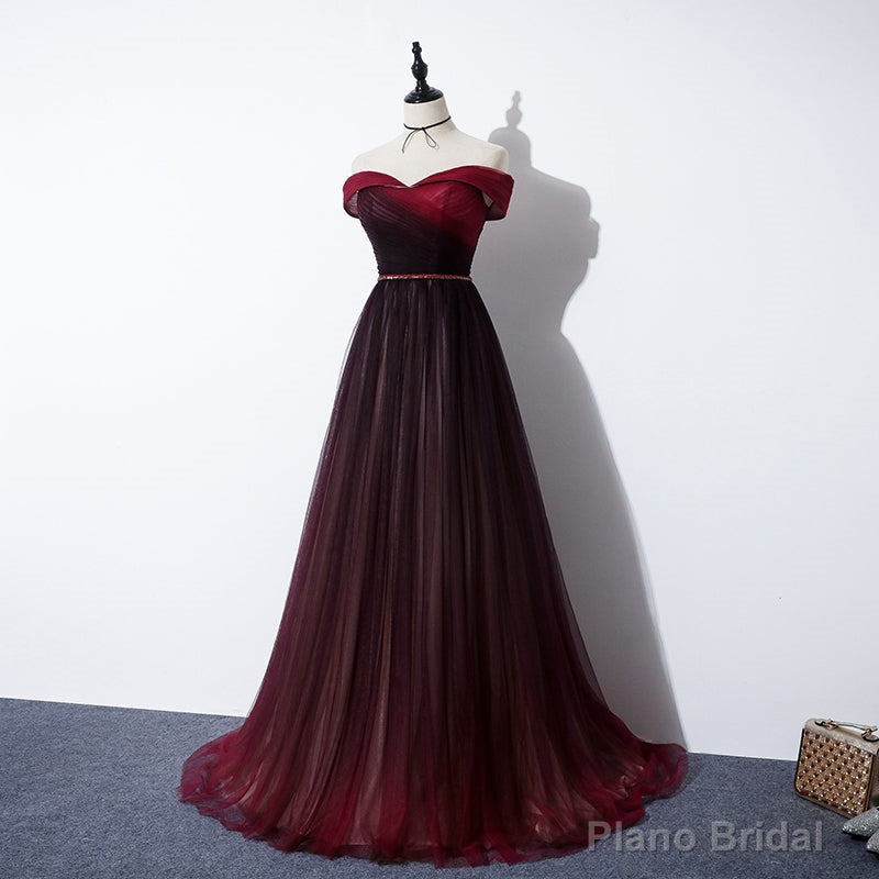 High Quality Gradient Dark Red Sweetheart Long Prom Dress, Tulle Evening Dress Secondary image