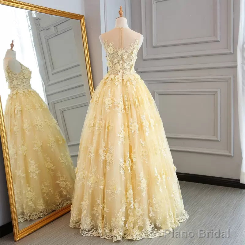High Quality Lace Yellow Long Party Gown, A-line Evening Dress Main image