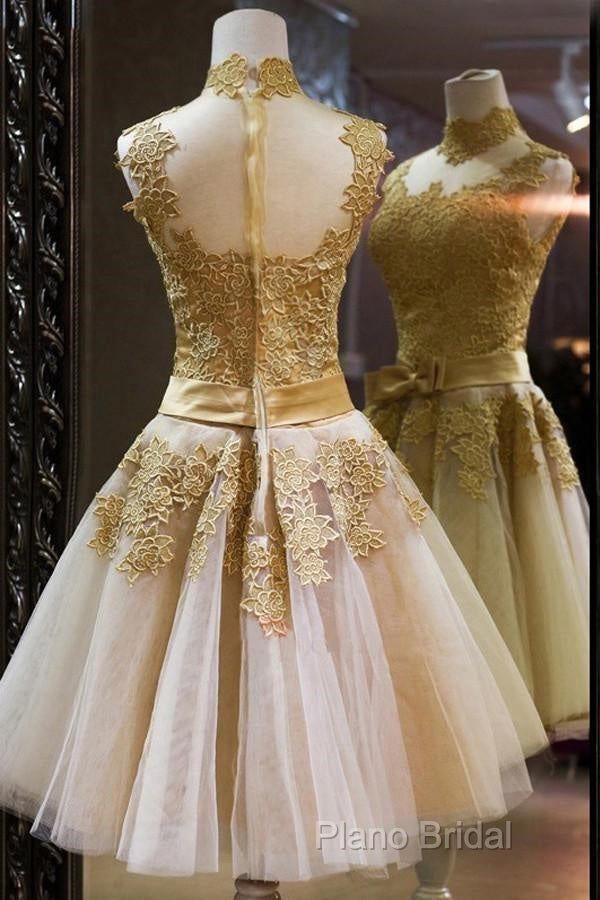 High Quality Vintage High Neck Bowknot Lace Homecoming Dresses