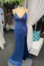 High Slit Blue Sequins Straps Mermaid Evening Gown,Ball Gowns Formal Prom Dresses